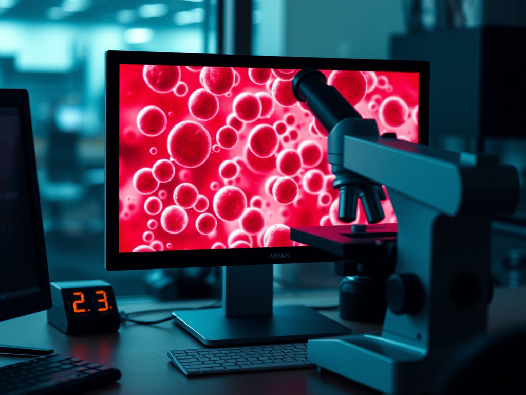 a real blood sample displayed on a computer screen with a microscope on an office desk